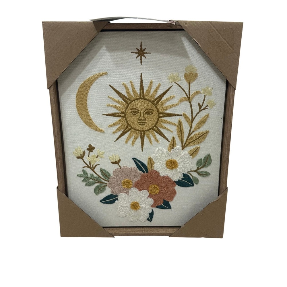 BP Home Woven Artistry Embroidered Celestial‎ Sun Moon Floral Framed Wall Decor